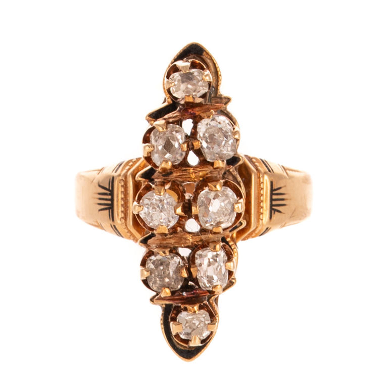 14k Yellow Gold Enamel and Diamond Navette Ring