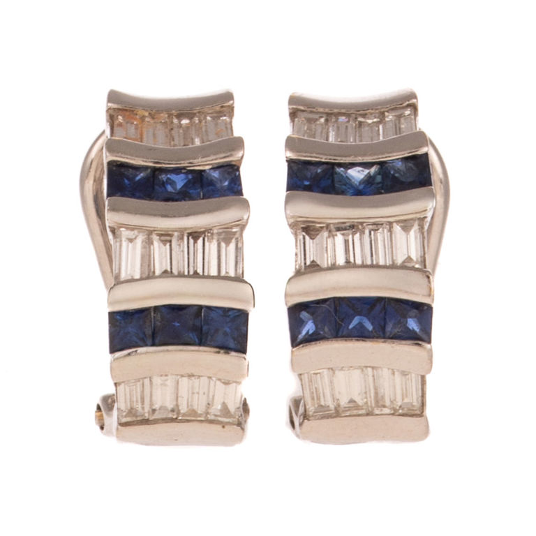 18k Gold Diamond and Sapphire Half Hoop Earrings