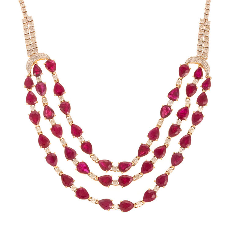 14k Yellow Gold Ruby and Diamond Bib Necklace