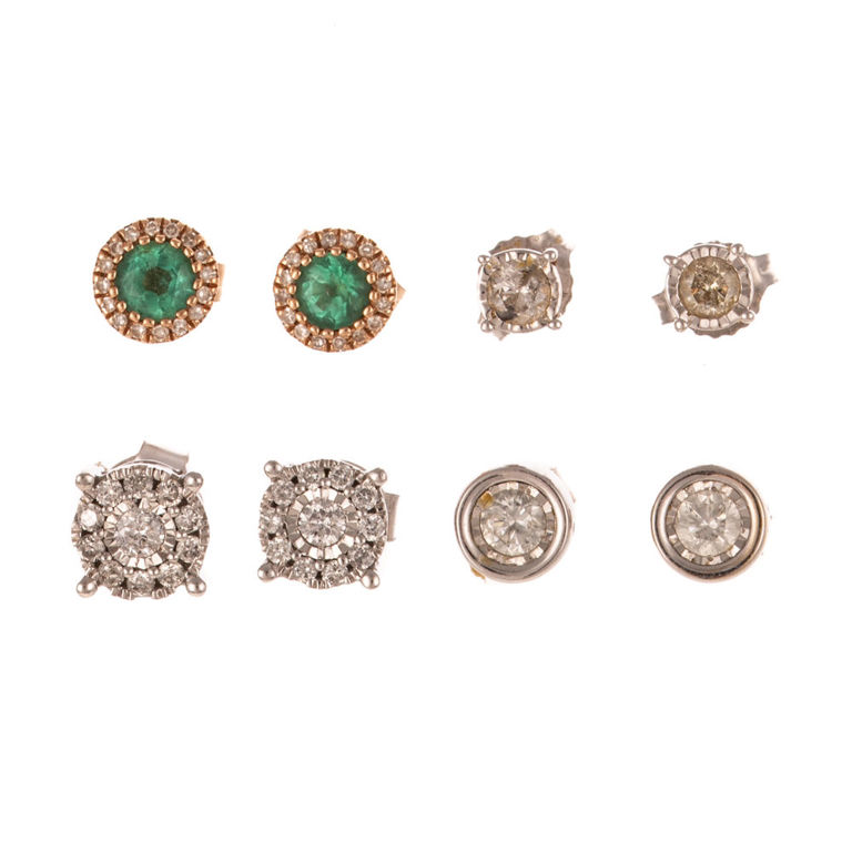 Four Pairs of 14k Gold Diamond Stud Earrings