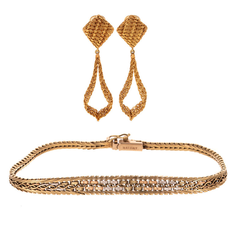 18k Gold Dangle Earrings and 14k Gold Bracelet