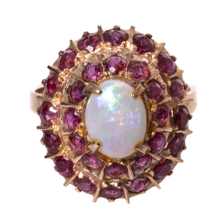 18k Yellow Gold Opal and Ruby Bombe Ring