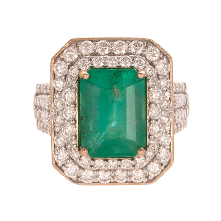 Gold-Plated Platinum Emerald and Diamond Ring