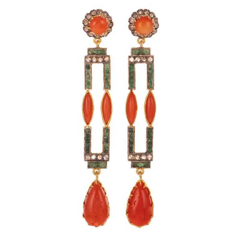 Vermeil Coral, Emerald and Diamond Earrings