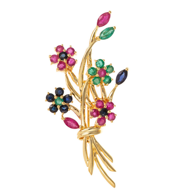 14k Gold Ruby, Sapphire and Emerald Flower Brooch