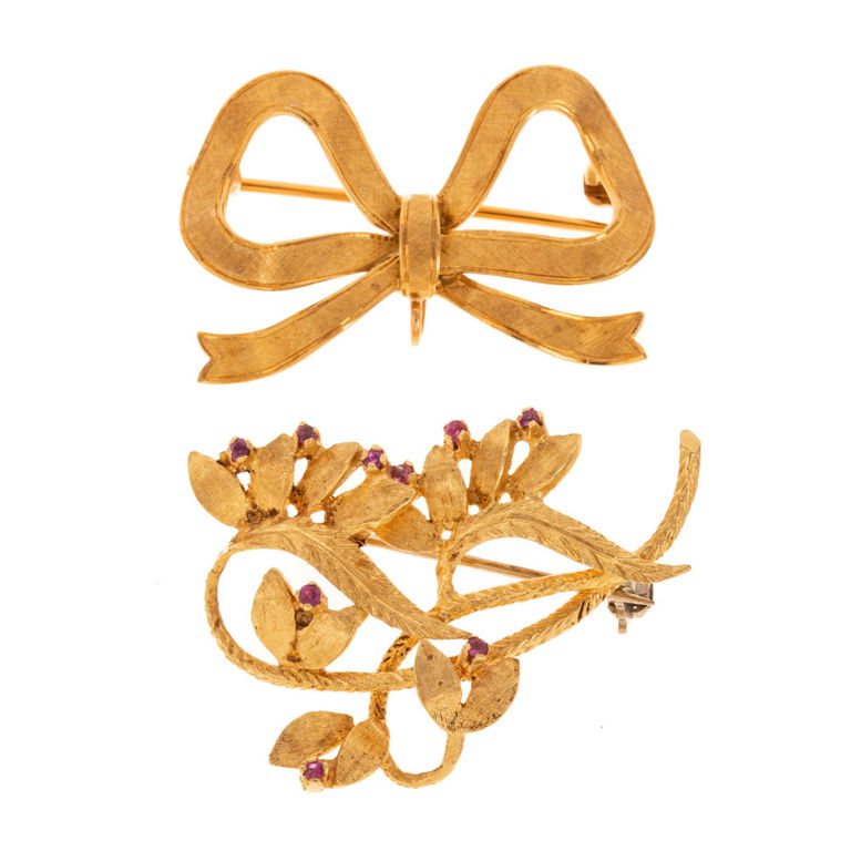 18k Yellow Gold Flower and Bow Brooches
