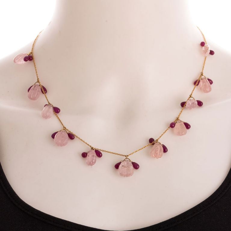 18k Yellow Gold Morganite and Ruby Chain Necklace