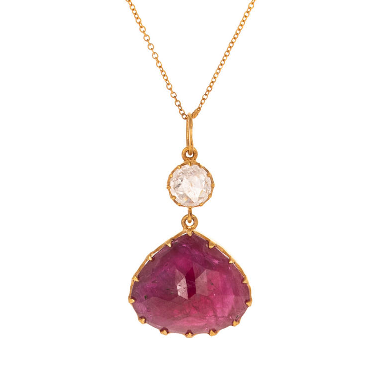 14k Yellow Gold Diamond and Ruby Pendant Necklace