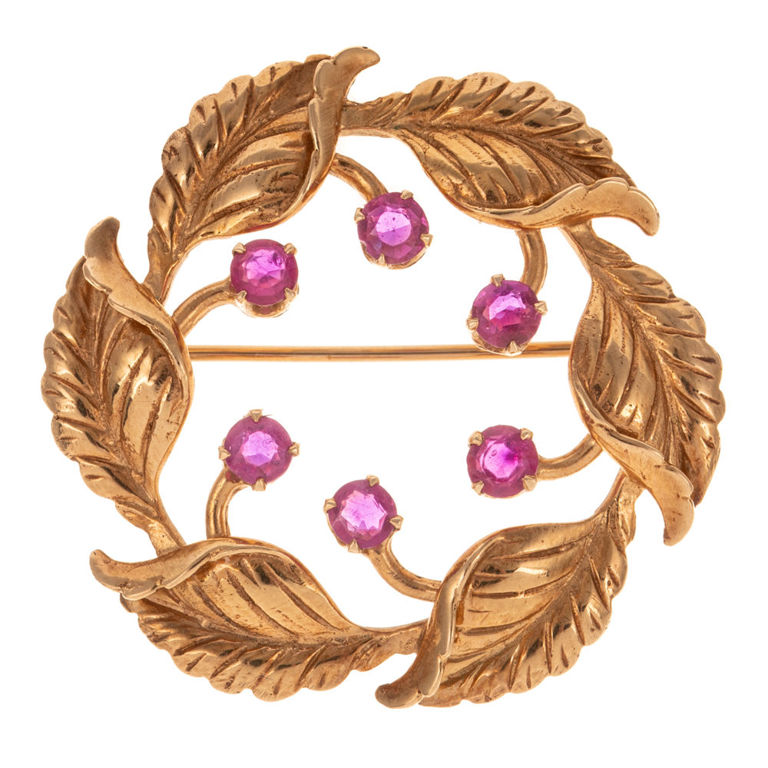 14k Yellow Gold Ruby Wreath Brooch