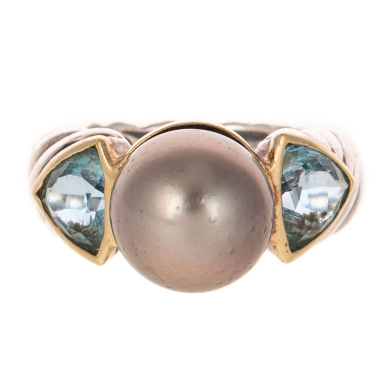 Silver and 18k Yellow Gold Pearl and Topaz Ring