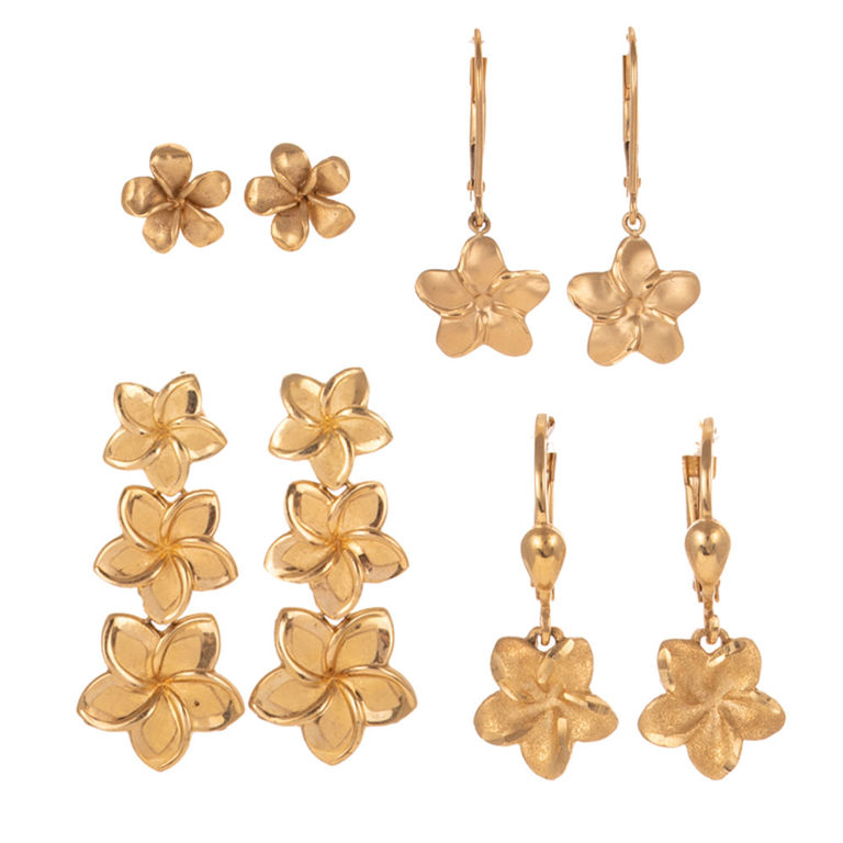 Four Pairs of 14k Yellow Gold Flower Earrings