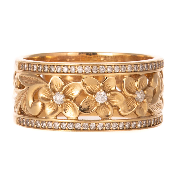 14k Yellow Gold Diamond Floral Band Ring