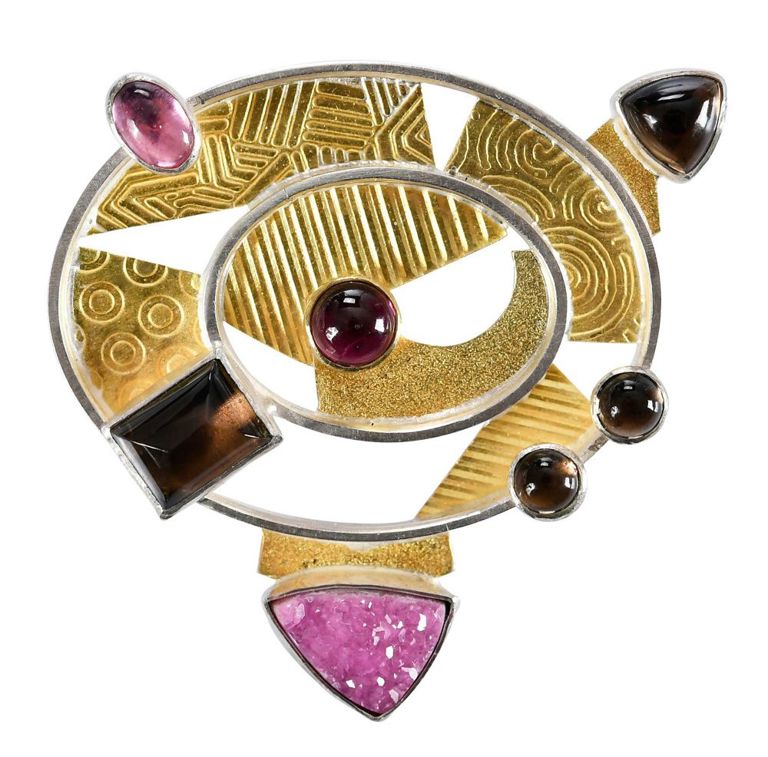 14k Gold Quartz and Tourmaline Brooch Pendant