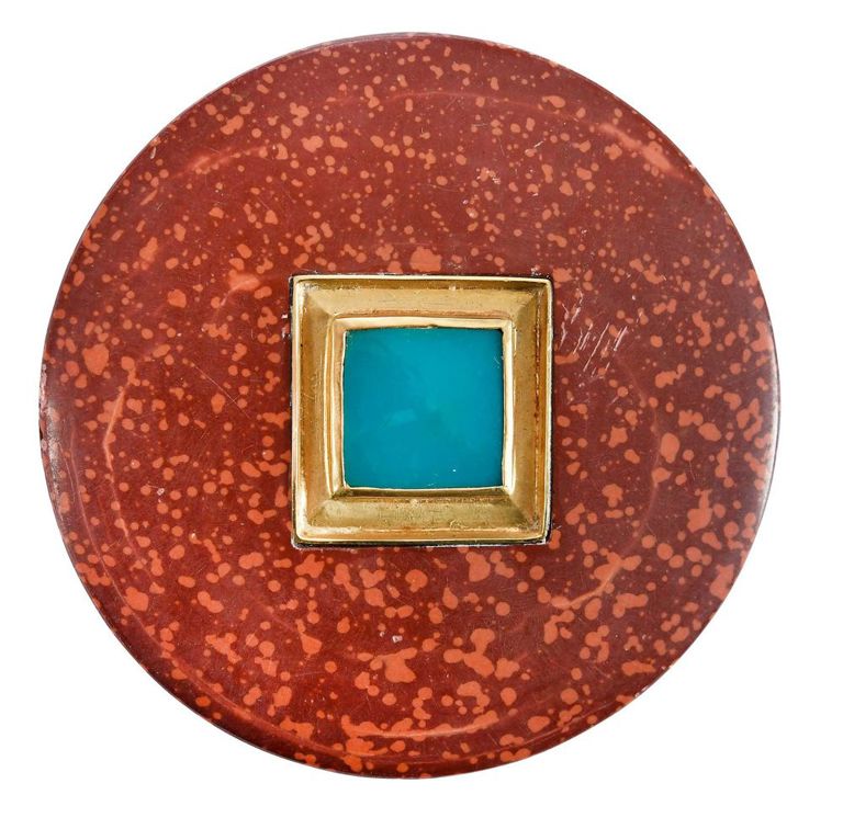 18k Gold Pipestone and Chrysocolla Brooch