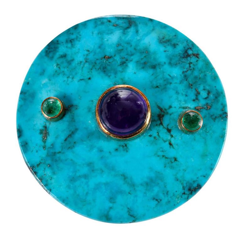 18k Gold Chrysocolla and Emerald Brooch
