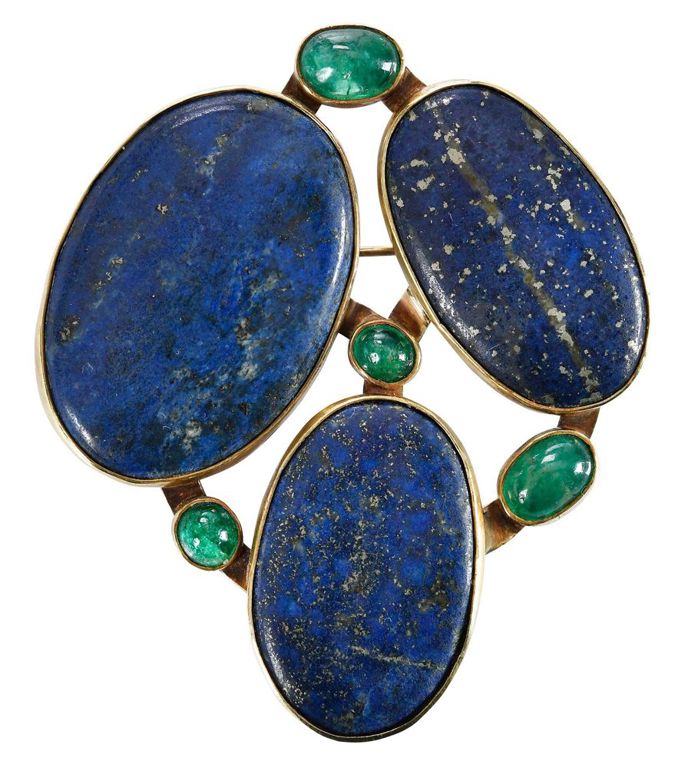 Gold Lapis Lazuli and Emerald Brooch