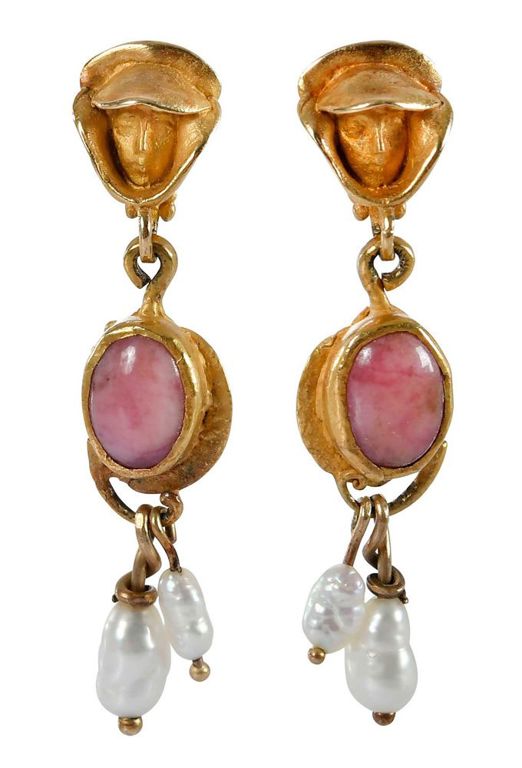 14k Gold Rhodonite and Pearl Earrings