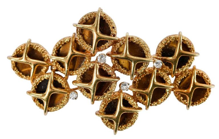 22k Gold Tiger's Eye and Diamond Brooch