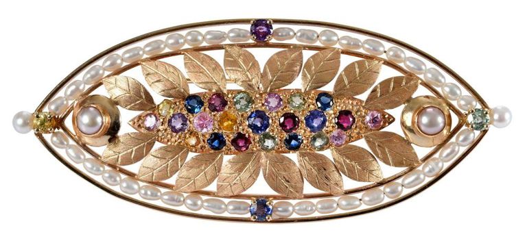 14k Gold Sapphire and Pearl Brooch