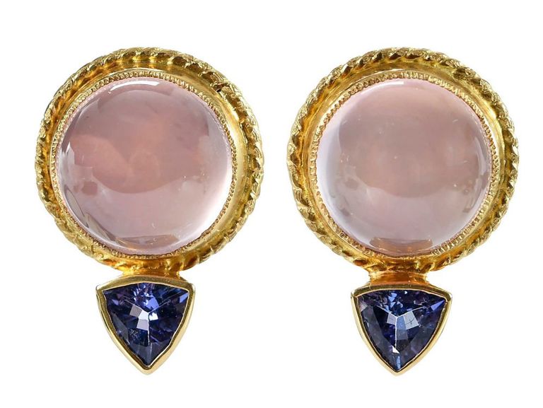 18k Gold Rose Quartz and Tanzanite Earrings