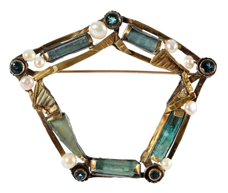 14k Gold Tourmaline and Pearl Brooch