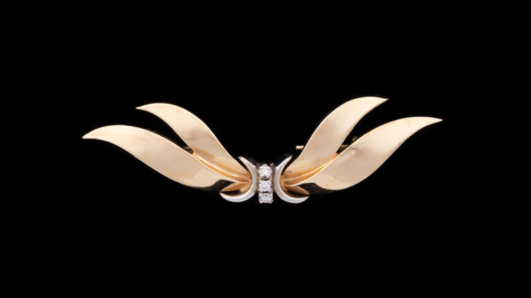 14k Two-Tone Gold Diamond Floral Bar Brooch