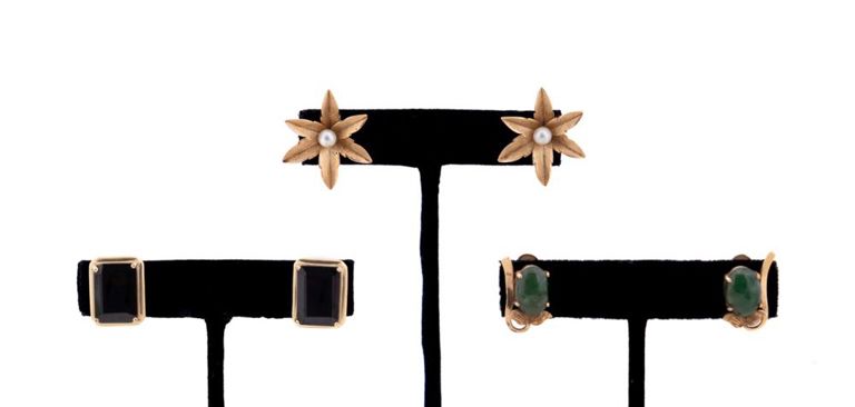 Three Pairs of 14k Yellow Gold Gemstone Earrings