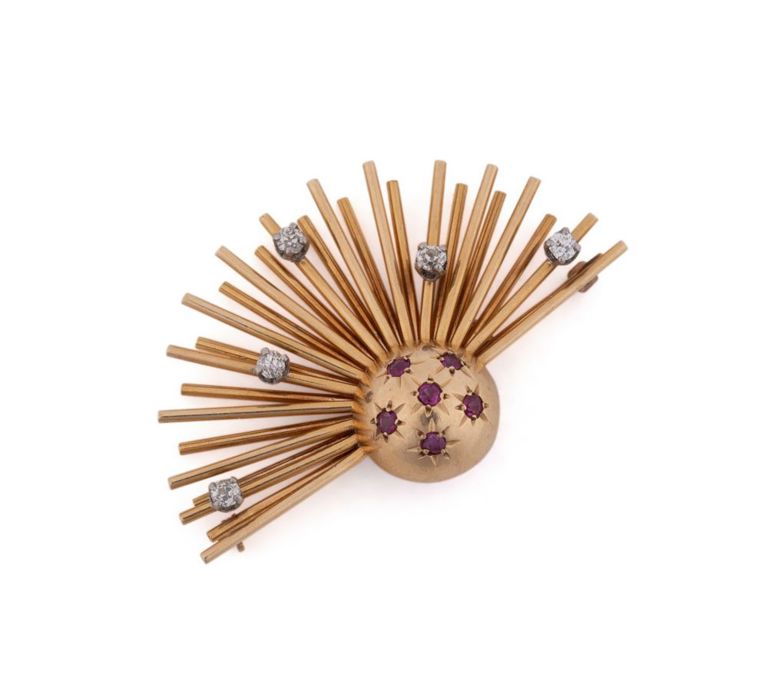 14k Yellow Gold Ruby and Diamond Sputnik Brooch