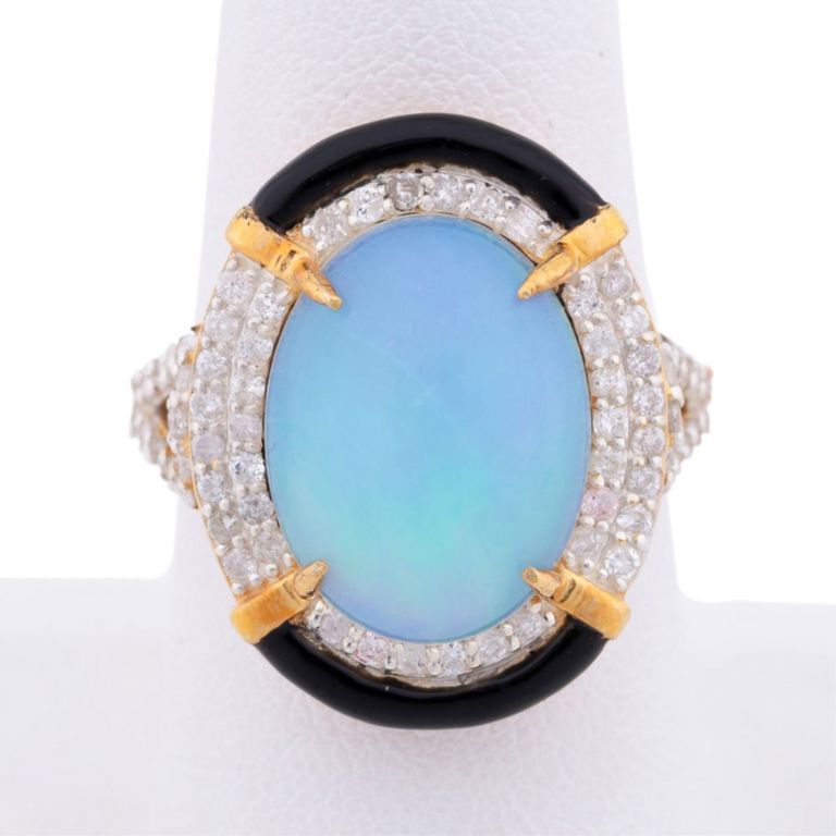 18k Yellow Gold and Silver Opal and Diamond Ring
