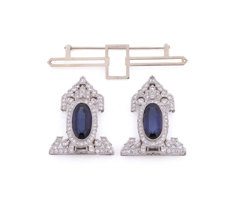 Platinum and 14k Gold Sapphire and Diamond Brooch