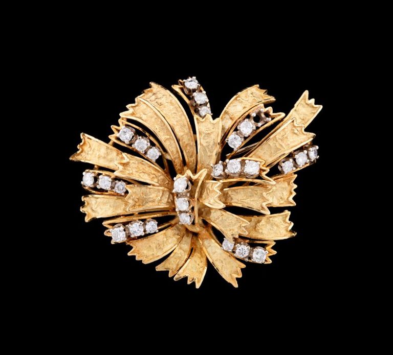 18k Yellow and White Gold Diamond Ribbon Brooch