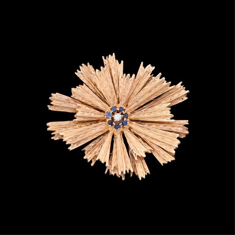 14k Gold Diamond and Sapphire Starburst Brooch