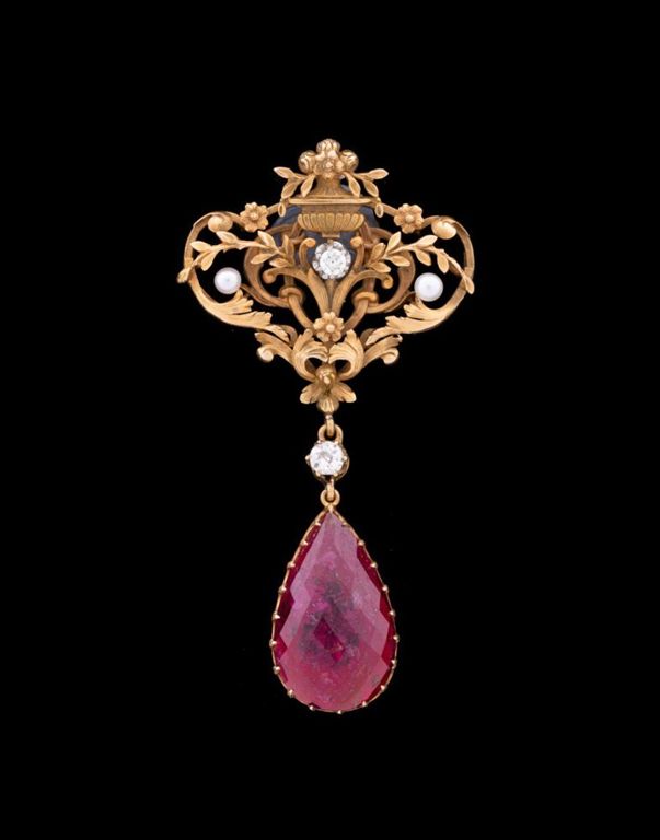18k Gold Rubellite, Diamond and Pearl Pendant