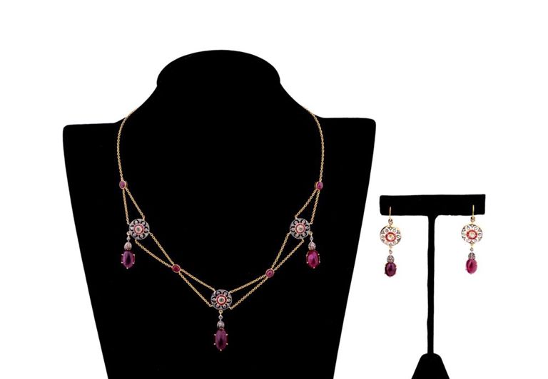 14k Gold and Silver Ruby and Diamond Jewelry Set