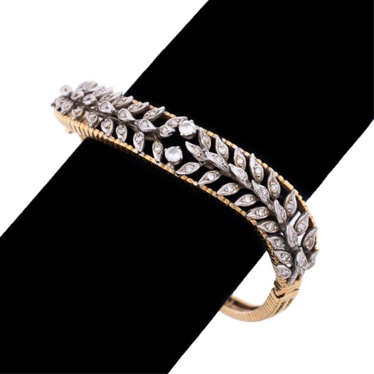 14k Two-Tone Gold Diamond Leaf Bangle Bracelet