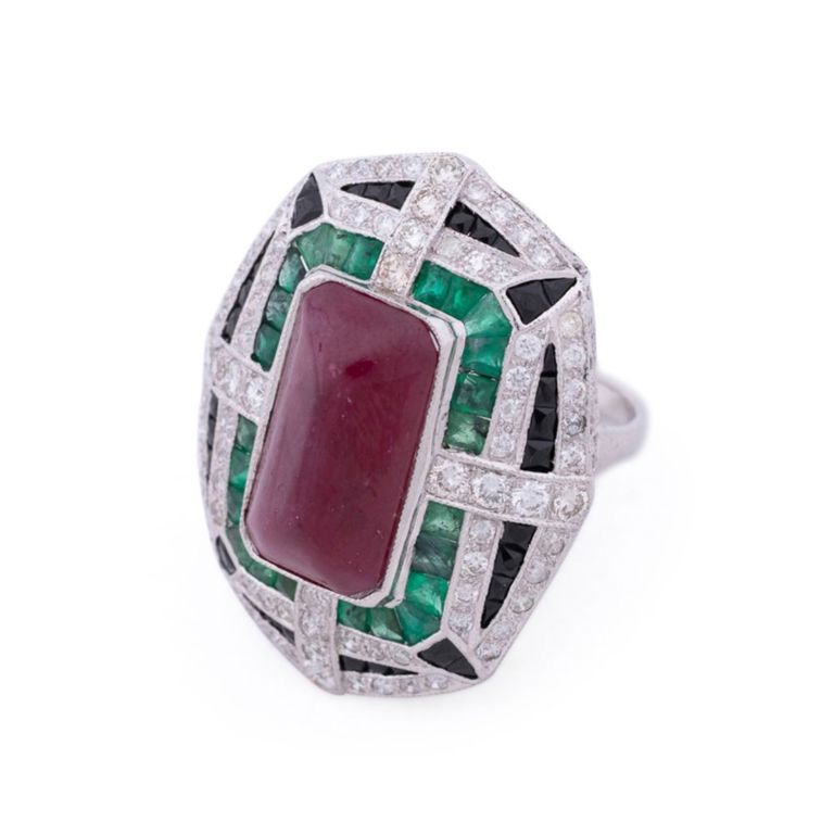 18k Gold Ruby, Emerald, Diamond and Onyx Ring