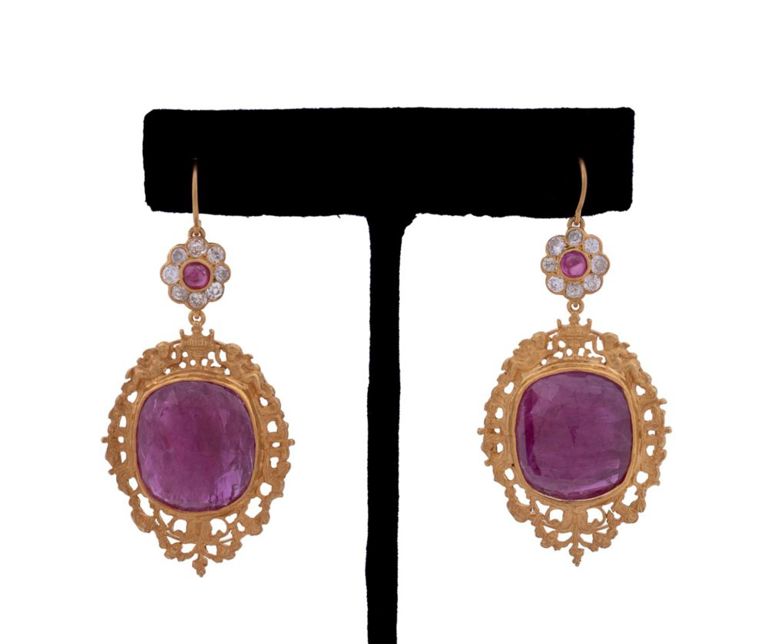 18k Yellow Gold Ruby and Diamond Earrings