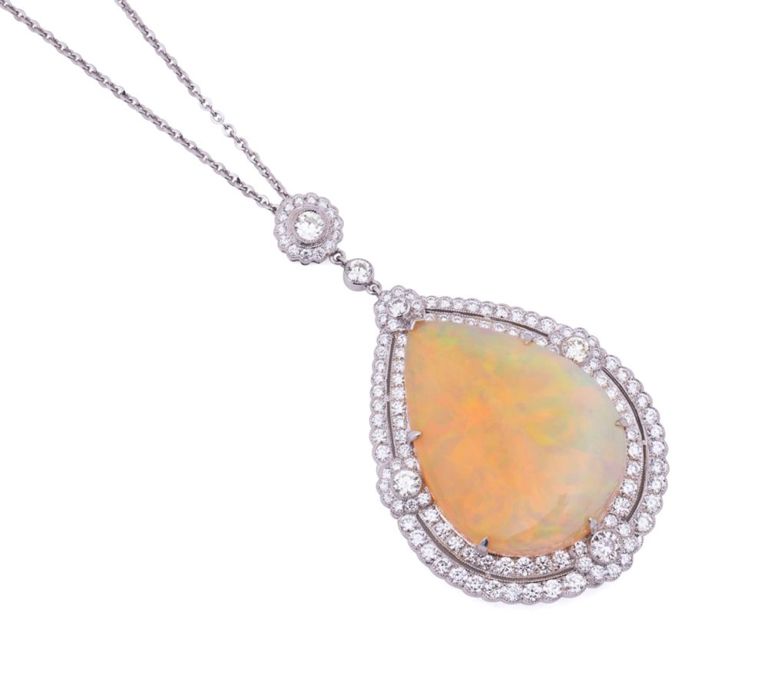 18k White Gold Opal and Diamond Pendant Necklace