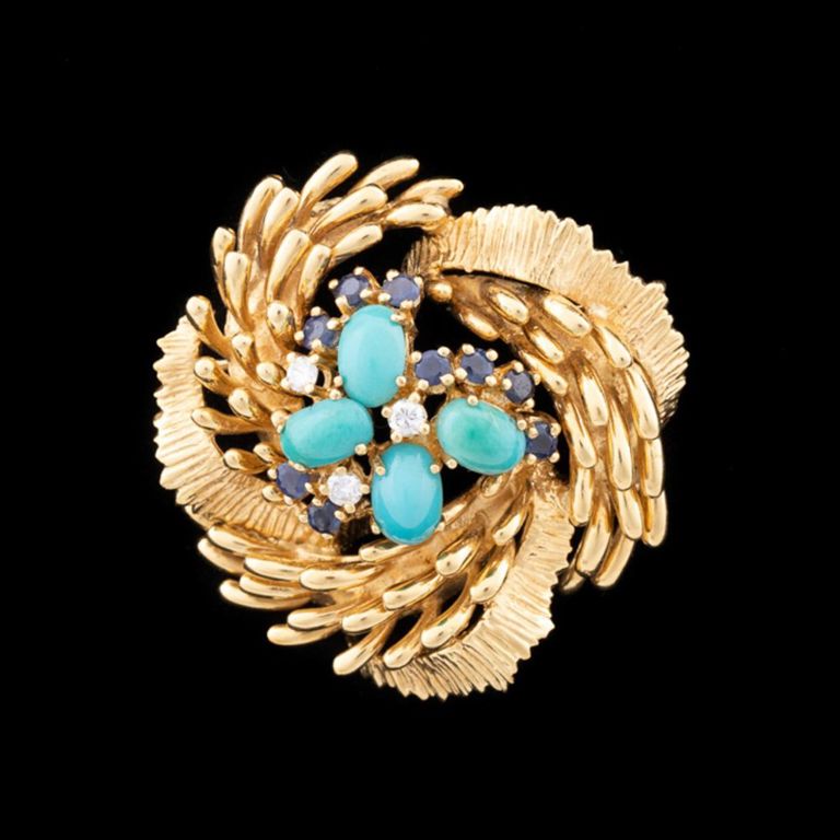 18k Gold Turquoise, Diamond and Sapphire Brooch