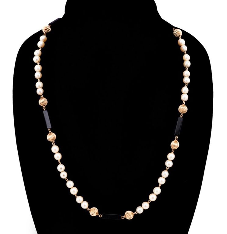 14k Yellow Gold Pearl and Onyx Bead Necklace