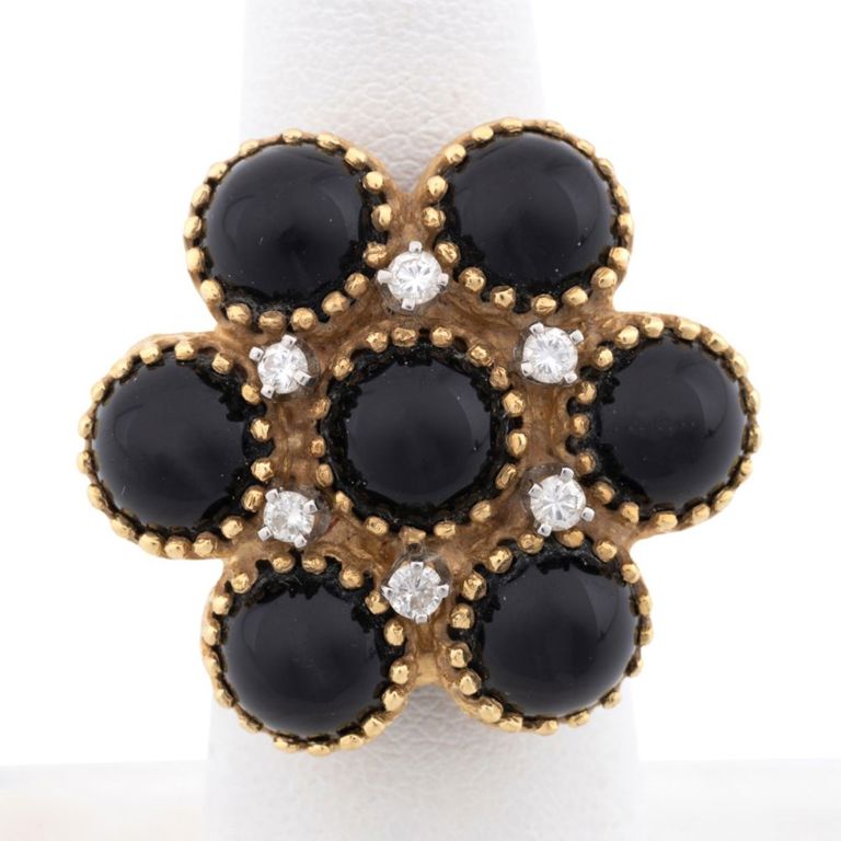 18k Yellow Gold Onyx and Diamond Ring