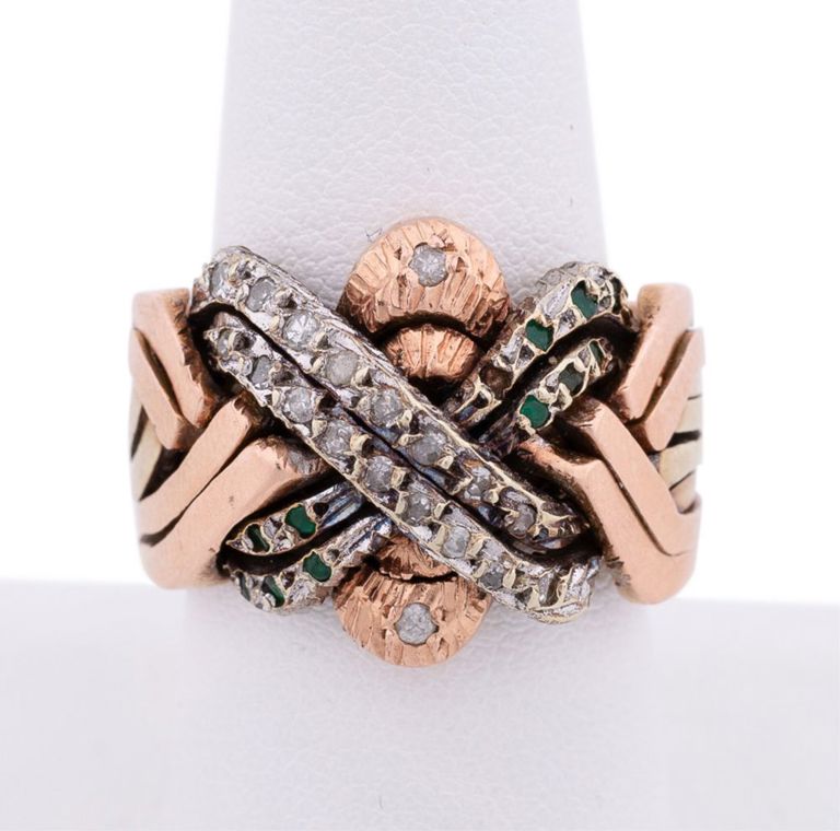 14k Tri-Color Gold Diamond and Emerald Ring