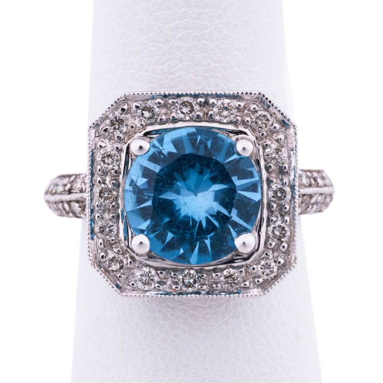 14k White Gold Blue Topaz and Diamond Ring
