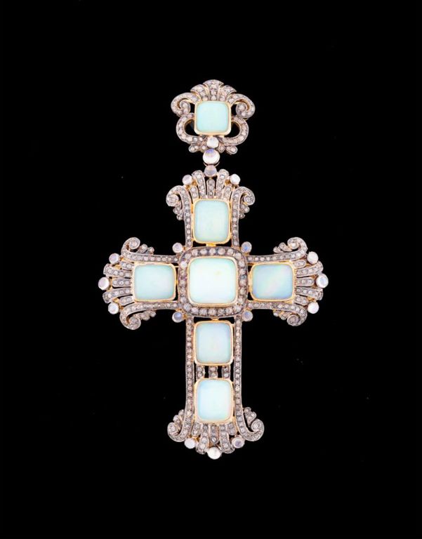 Silver and 14k Gold Multi-Gem Cross Pendant/Brooch