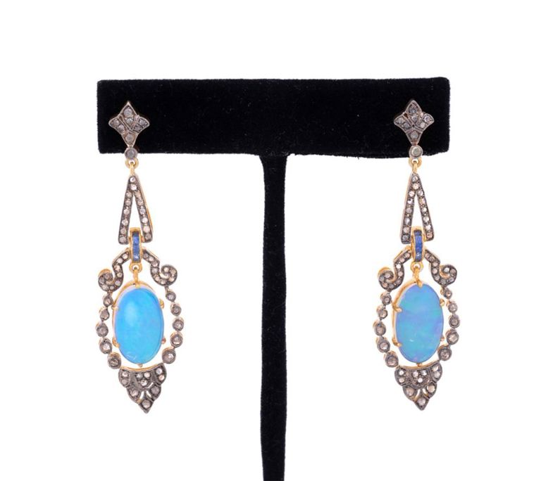 Vermeil Opal, Diamond, and Sapphire Earrings