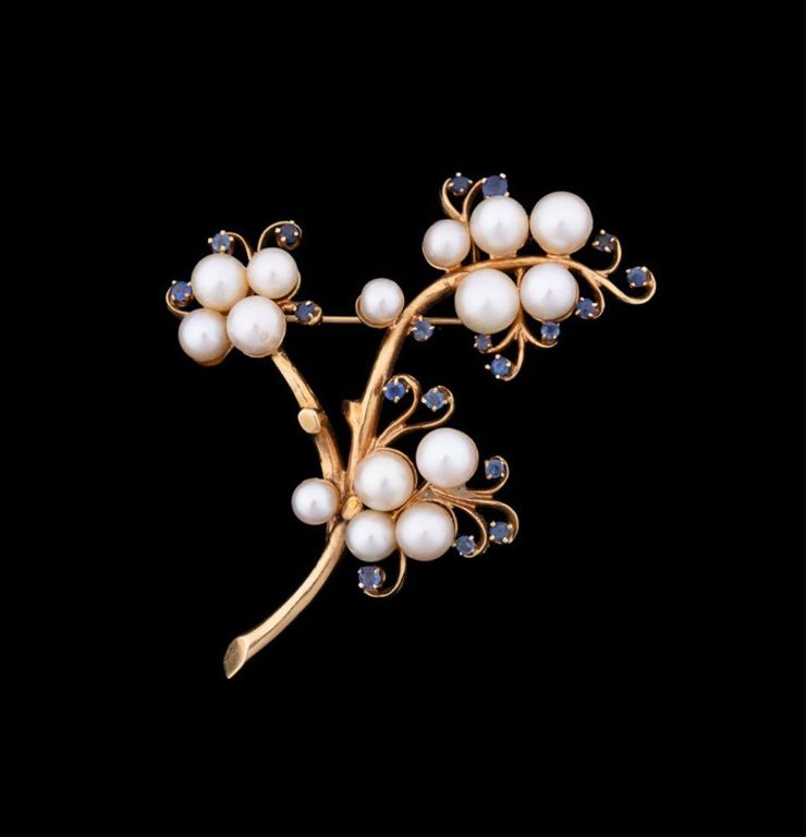 14k Yellow Gold Pearl and Sapphire Brooch