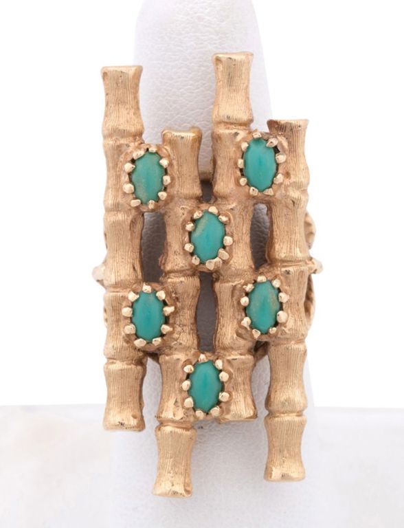 14k Yellow Gold Turquoise Bamboo Ring