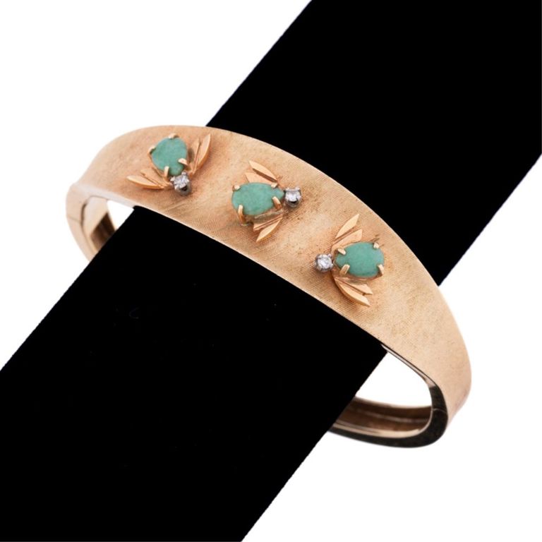 14k Yellow Gold Jade and Diamond Bangle Bracelet