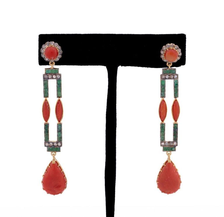 Silver Coral, Emerald and Diamond Dangle Earrings