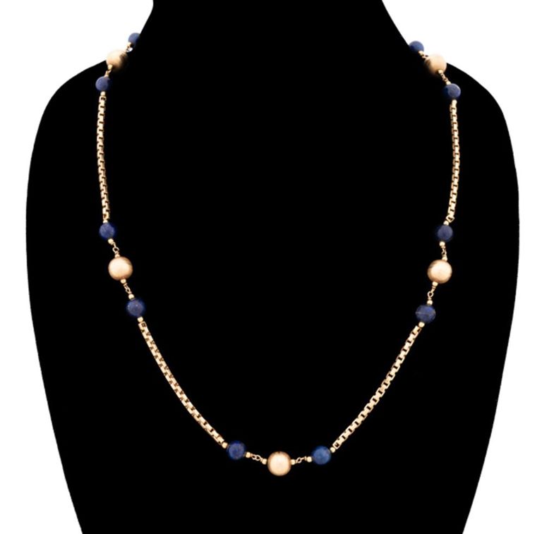 14k Yellow Gold Lapis Lazuli Bead Chain Necklace